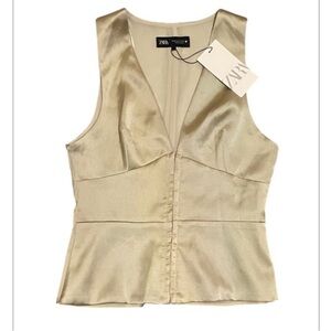 NWT ZARA Gorgeous Cream/Gold Satin Plunge V-Neck Structured Tank/shell size s/m